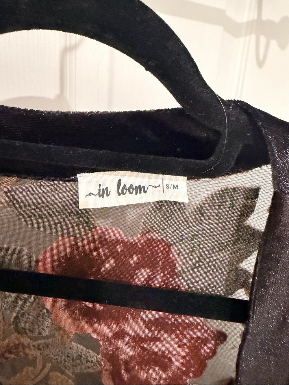 In Loom Kimono S/M Velvet Floral Duster Cape - Black, Rust, Green - Picture 4 of 5